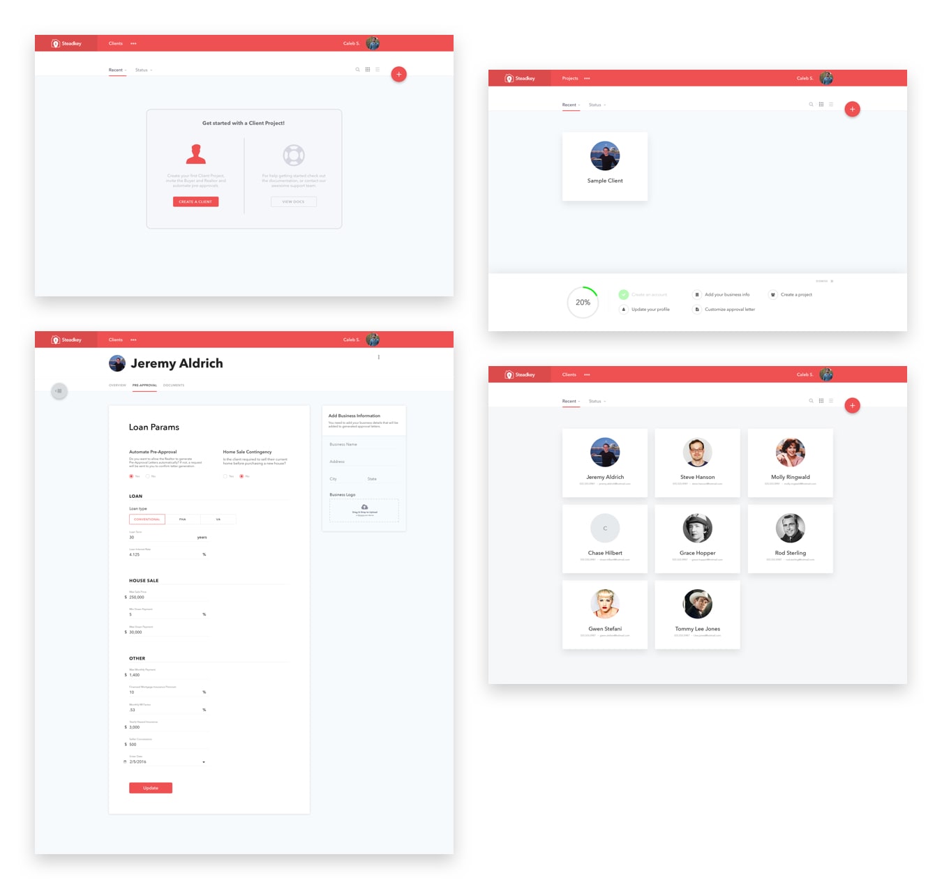 Various app design views for Steadkey
