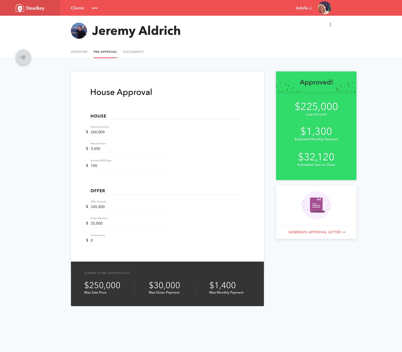 Steadkey dashboard user interface