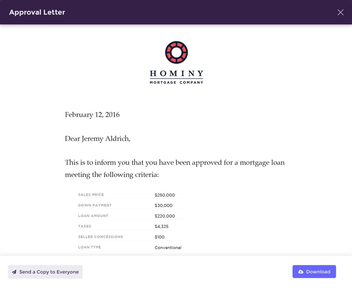 Approval letter for Steadkey mortgage startup